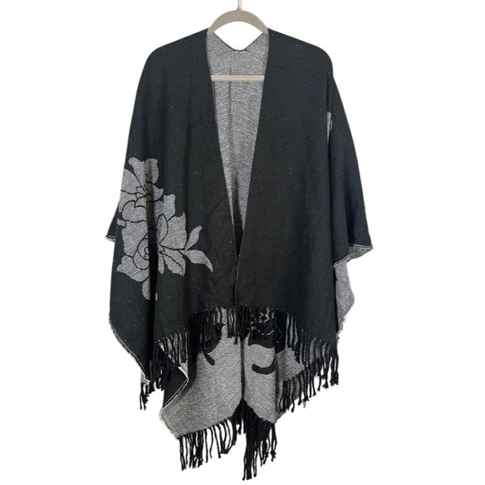 Reversible Floral Shawl OS Black Kimono Fringe Retro Winter 90s Old Money